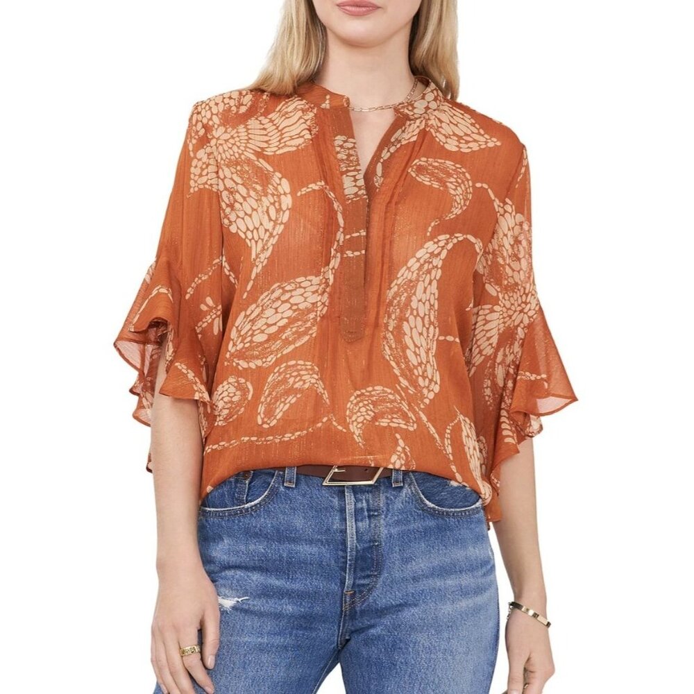 Vince Camuto Pintucked Ruffle Cuff Semi Sheer V-Neck Boho Blouse Orange Medium - Picture 1 of 12
